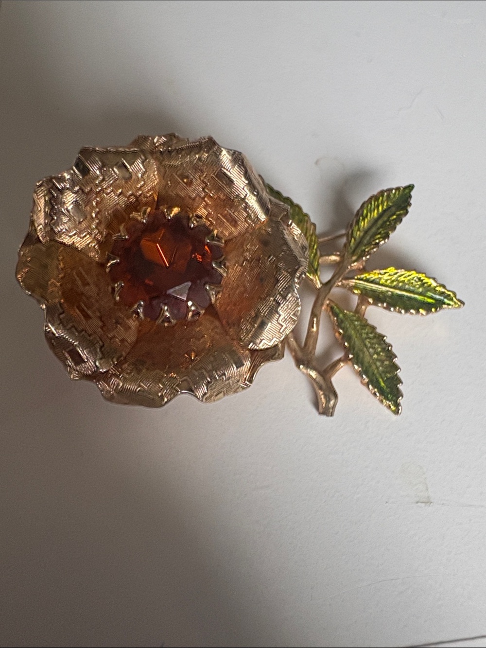 Vintage S C Gold-Tone Flower Brooch with Amber Center and Green Enamel Leaves